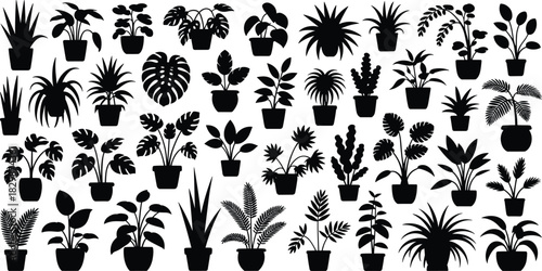 Potted plant silhouettes, indoor greenery, botanical icons, decorative foliage, houseplants collection, leaf shapes, black vector plants, minimalist design, nature