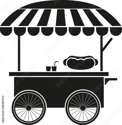 Street food cart silhouette, hot dog stand, beverage cups, striped canopy, urban snack, outdoor dining, black vector, fast food, vendor scene, retro charm