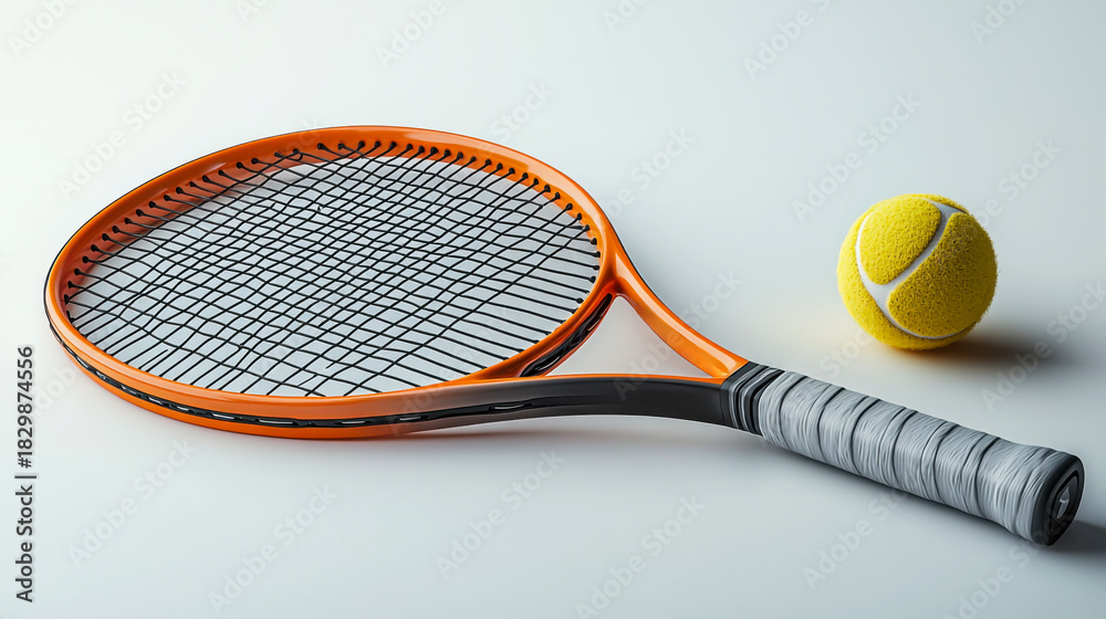 Naklejka premium Tennis racket and ball on a clean surface, showcasing the sport's essentials for practice or play