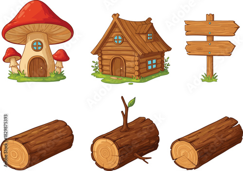 Cartoon mushroom house, rustic log cabin, wooden signpost, cut tree logs, whimsical forest illustration, fantasy dwelling design, vector art, nature theme
