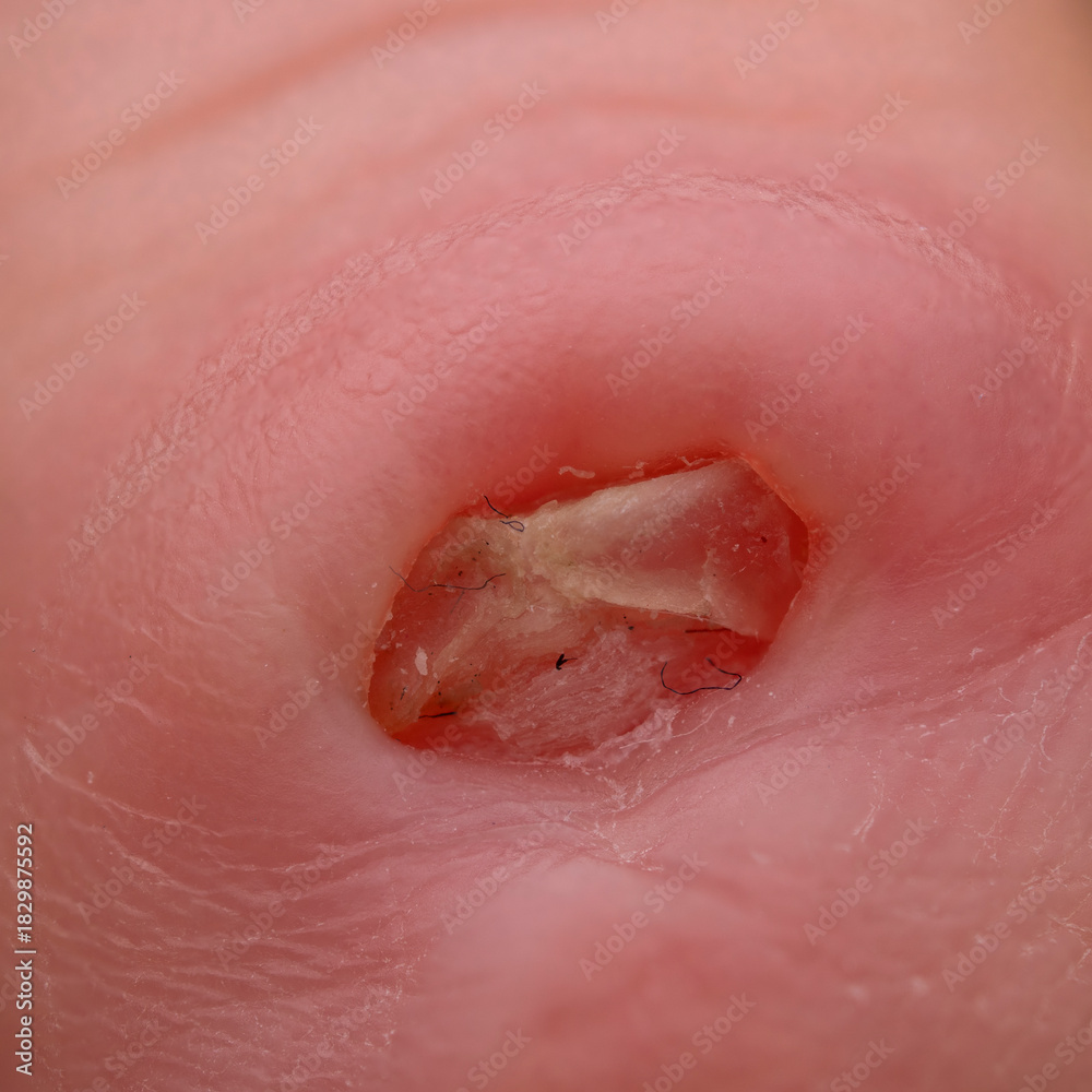 Fototapeta premium Partial amputated finger with red swelling and infected finger nail growth. Finger shown has one year of healing since dog bite.