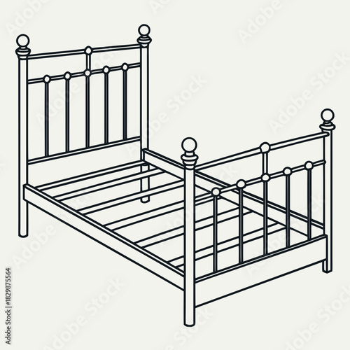 A stylized line art illustration of a classic metal bed frame with a headboard and footboard featuring decorative finials and vertical slats on a neutral background