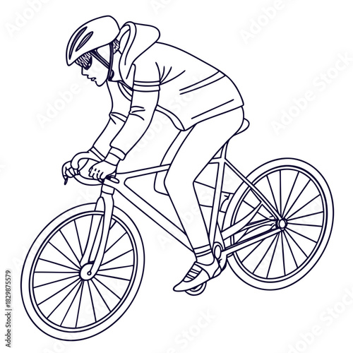 A stylized line drawing illustration of a person wearing a helmet and sunglasses riding a bicycle in a dynamic pose showcasing athletic movement and outdoor activity