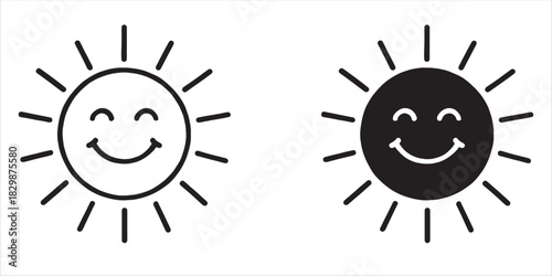  black and white line drawling of a sun with a smiling face. kids drawing. friendly and cute