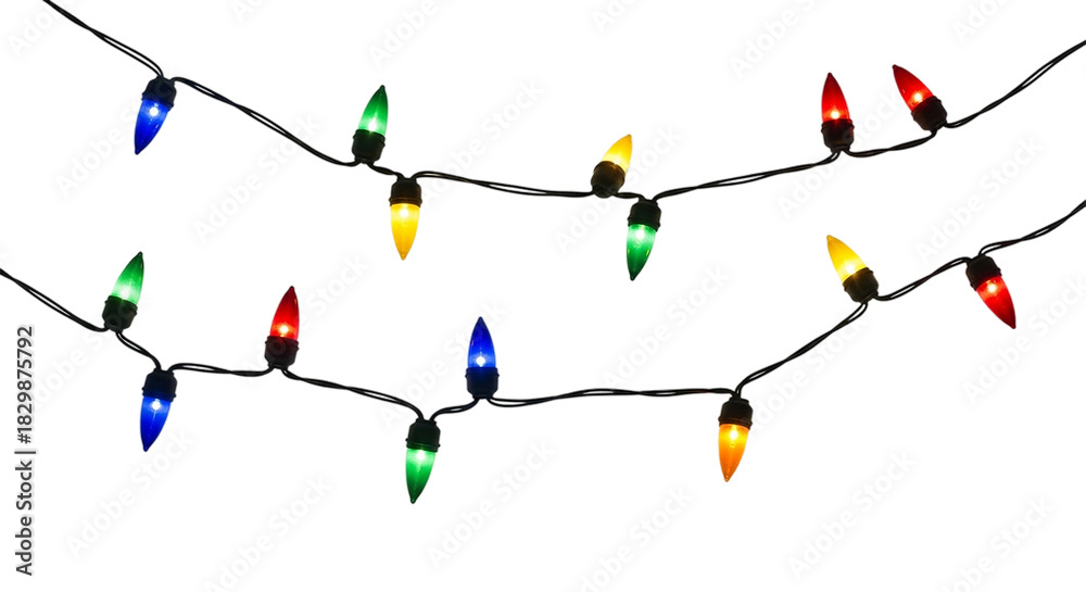 Naklejka premium String of colorful incandescent christmas light bulbs isolated on transparent background