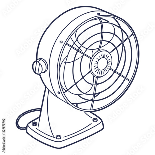 A vintage style desk fan with a round grill and a sturdy base rendered in a clean and simple line art illustration on a white background
