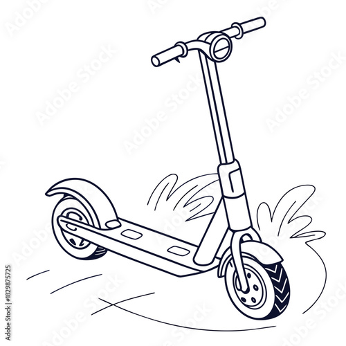 A simple outline drawing of an electric scooter in motion with stylized lines indicating speed and movement against a white background