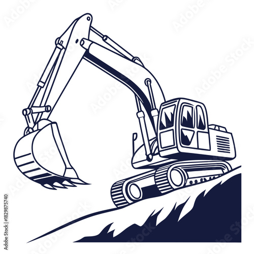 A stylized line art illustration of a tracked excavator digging into a mound of earth with its bucket rendered in dark blue on a white background