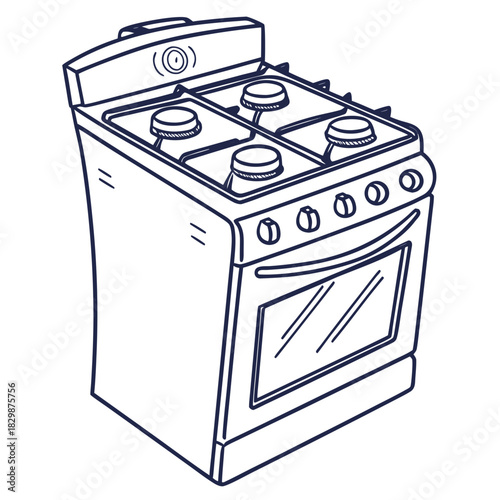 A simple hand drawn line art illustration of a vintage gas stove with four burners and an oven door with a glass window against a white background
