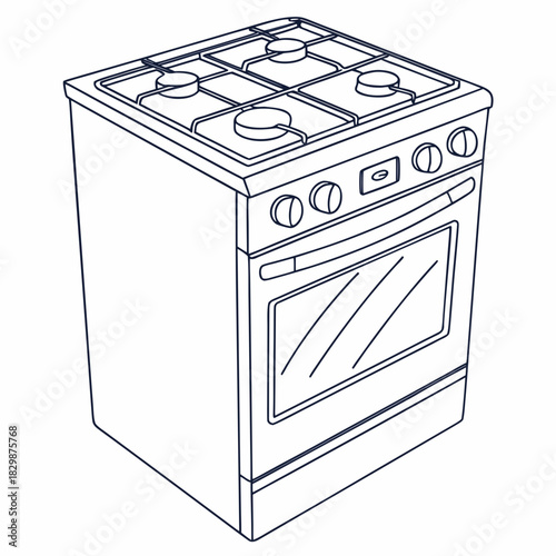 A simple line art illustration of a freestanding gas stove with four burners on top and an oven with a glass door and control knobs below