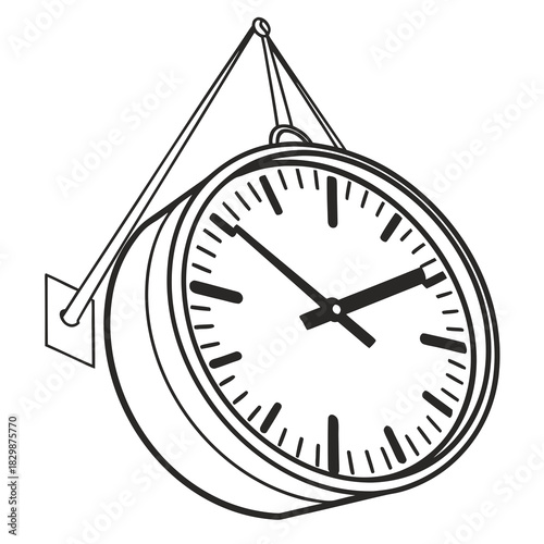 A classic double sided station clock with black hour minute and second hands suspended by wires from a mounting bracket against a white background