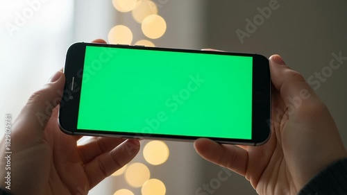 Person holding smartphone with green screen in horizontal position, bokeh lights in background.