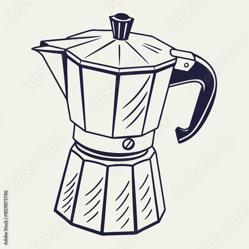A simple hand drawn line art illustration of a classic italian moka pot coffee maker in dark blue on a pale cream background