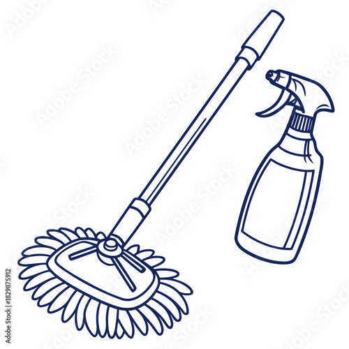 A simple line drawing of a cleaning mop with a fluffy head and a spray bottle filled with cleaning solution isolated on a white background