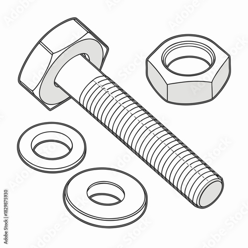 A detailed isometric illustration of a hexagonal bolt with a threaded shaft a hexagonal nut and two flat washers presented on a clean white background showcasing mechanical components