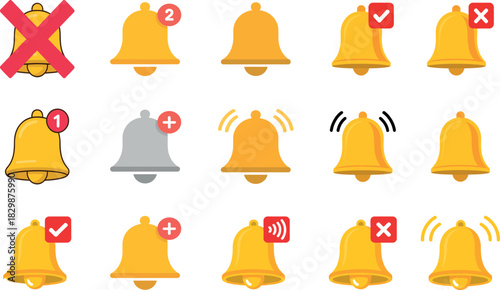 Digital notification bell icon set for alerts and reminders.