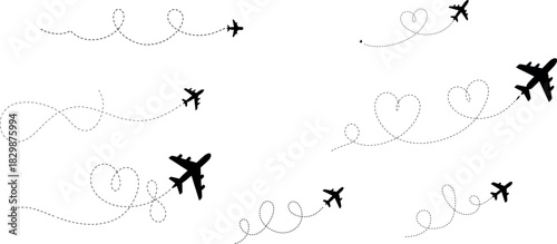 Airplane flight path trails with heart and wavy dashed lines