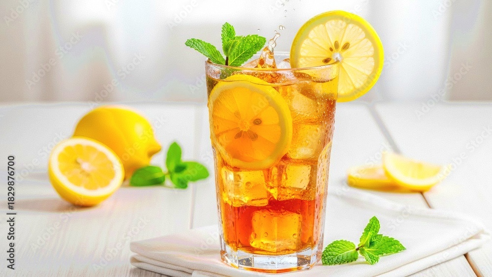 Fototapeta premium Refreshing iced tea with lemon slices and mint sprigs on a brigh