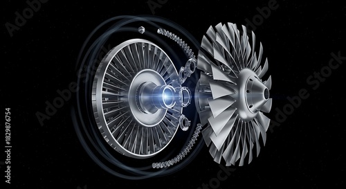 Exploded view of a futuristic turbine engine with fan blades in space.