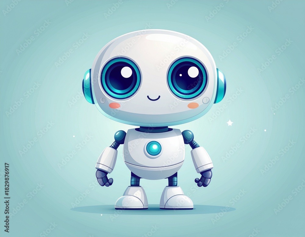 Fototapeta premium Cute Robot Character with Big Eyes in Cartoon Style on Light Blue Background
