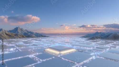 Futuristic Digital Landscape with Glowing Platform and Mountain Scenery.