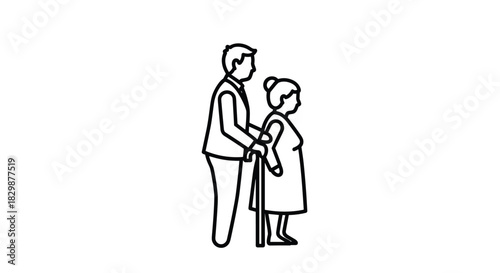 Caring grandson supporting grandmother with walking stick a symbol of family love and support through aging ideal for senior care and family values, Generative AI.