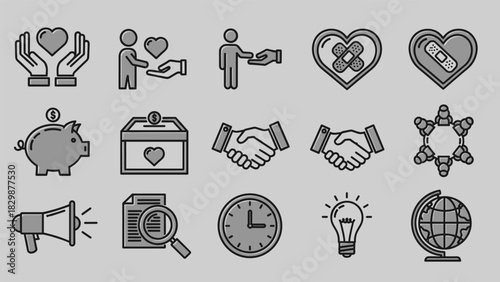 Promote compassion and global collaboration with these charity and business icons perfect for websites presentations and social media campaigns, Generative AI.