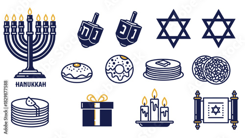 Celebrate Hanukkah with festive icons dreidels menorah donuts latkes stars candles and gifts bringing joy and light to the Festival of Lights, Generative AI.