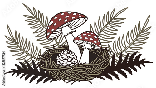 Hand-drawn Mushrooms, Nest, and Ferns Composition Vector, A hand-drawn rustic composition featuring two red-capped mushrooms, a bird's nest holding a pinecone, and surrounded by fern fronds