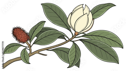 Hand-drawn Magnolia Flower, Bud, and Seed Pod Vector, A hand-drawn botanical illustration of a magnolia branch with a large white flower, a bud, green leaves, and a spiky brown seed pod.