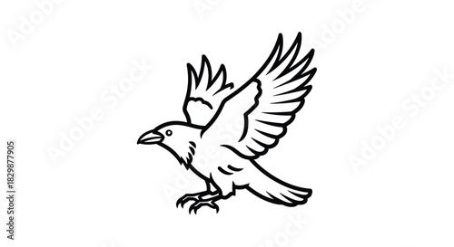 Dynamic raven illustration with outstretched wings ready for flight and soaring adventures in minimalist black and white style for powerful design, Generative AI.