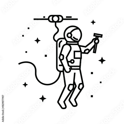 Astronaut Spacewalking with Tool in Outer Space