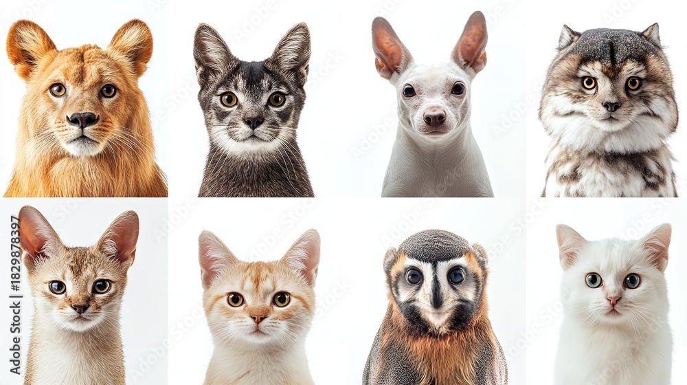 Fototapeta premium A grid of eight animal portraits including cats a dog a lion and an owl against a white background