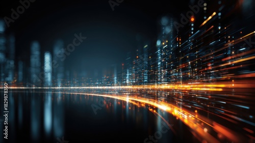 Abstract glowing cityscape at night motion blur