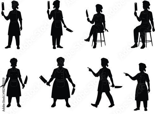 Chef silhouettes with knife and cleaver, standing, sitting, pointing, walking, apron and hat, kitchen posture illustration set