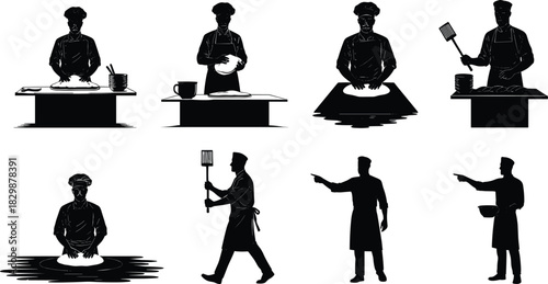 Chef silhouettes preparing dough, rolling, kneading, pointing, holding spatula and bowl, kitchen posture illustration, culinary activity sequence