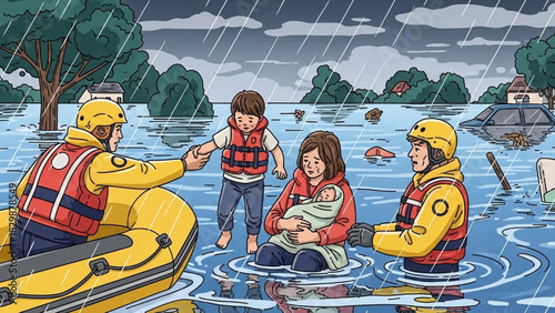 Heavy Rain Flood Disaster Response Illustration – Vector Graphic