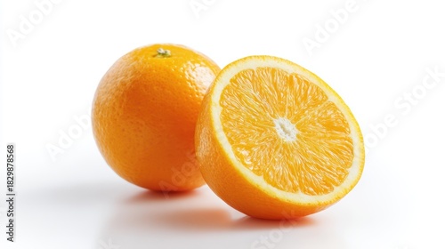 oranges with one cut in half, bright and fresh, clean white background, detailed fruit texture