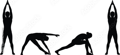 Silhouettes of person performing four stretching exercises, black and white illustration, flexibility and warm-up routine concept, fitness posture study