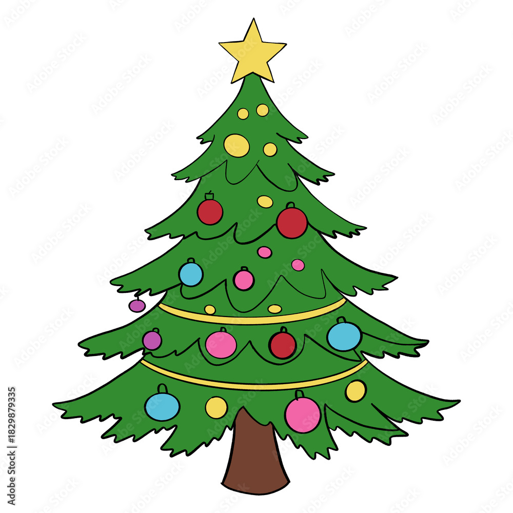 Fototapeta premium Cute Christmas Tree Illustration with Colorful Decorative Lights