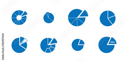 Collection of blue pie charts representing data analysis and statistics