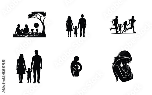 Silhouette illustrations of family moments and relationships in various life stages