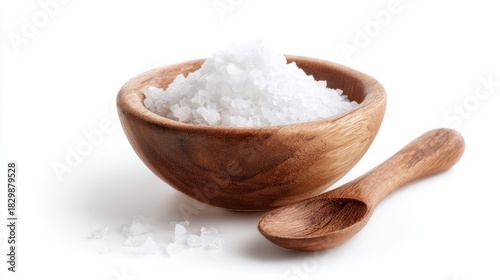 sea salt in wooden bowl, accompanied by wooden spoon, isolated on white background, natural texture