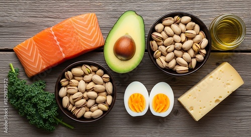 Healthy fats and proteins arranged artfully on a rustic wooden surface