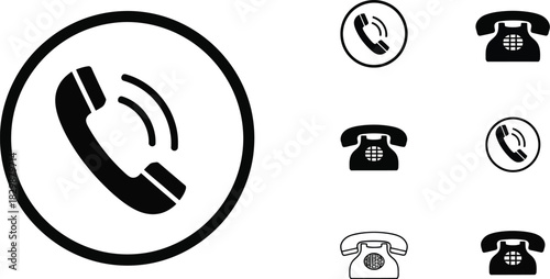 Black and white icons depicting various styles of telephones and phone receivers