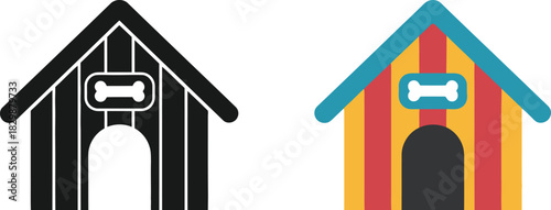 Two dog houses one black and white and one colorful are shown