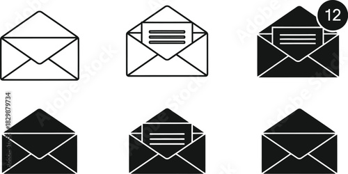 Black and white line art depicting various styles of opened and closed envelopes