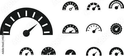 Black and white gauge icons depicting speed levels and measurement indicators