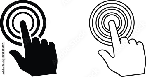 Black and white hand icons showing a finger pressing a circular button