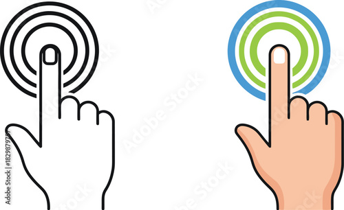 Hand pressing or tapping on a circular button monochrome and colored versions